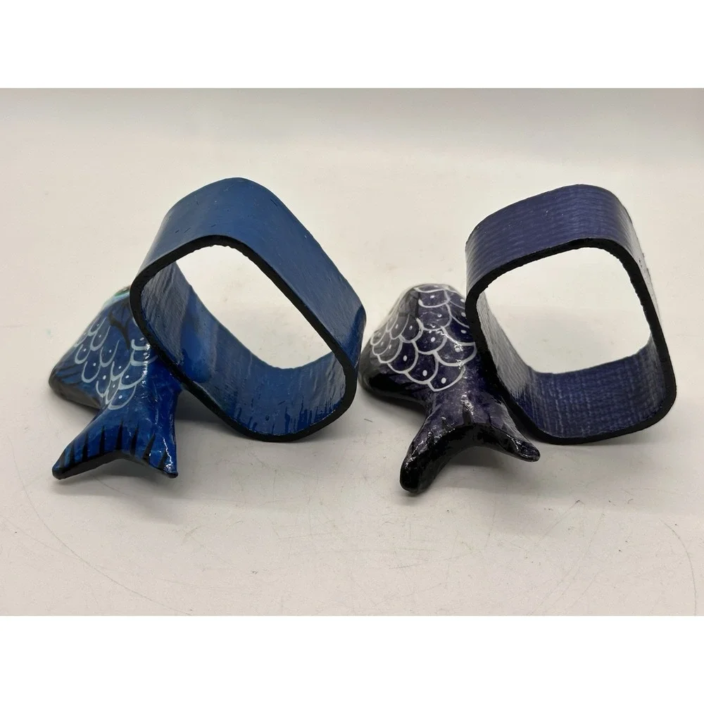 Pair Hand‎ Painted Papier Mache Fish Napkin Rings Coastal Nautical Decor